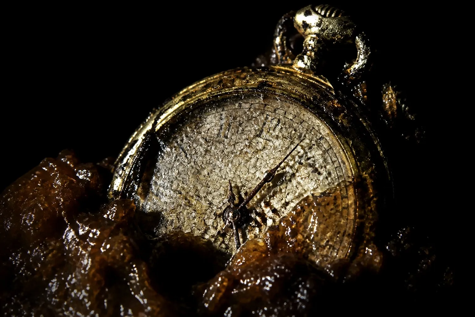Editorial illustration: A cracked, sugar-glazed pocket watch half-buried in sticky caramel, its frozen hands catching ha