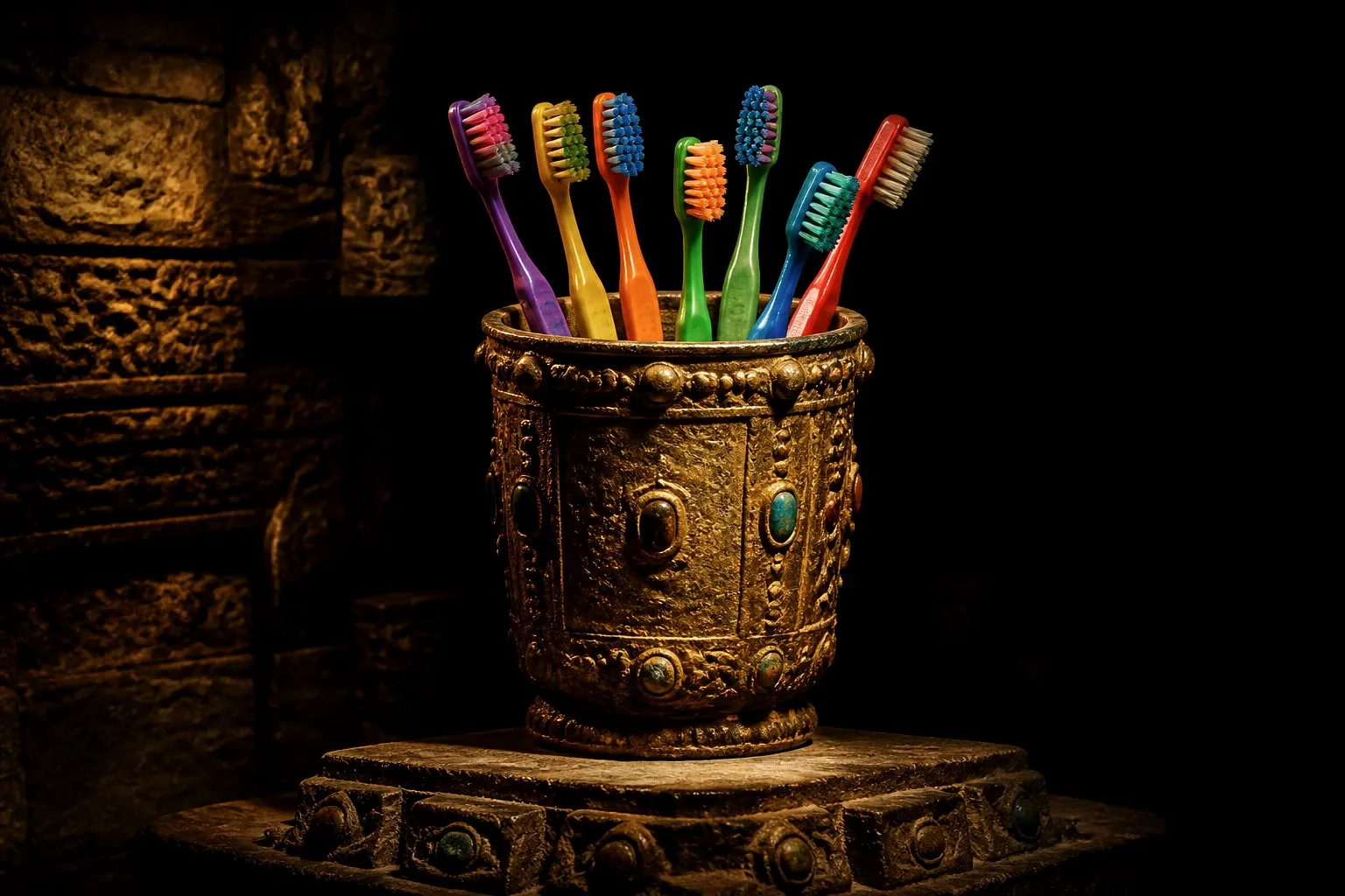 Editorial illustration: colorful childrens toothbrushes in cup