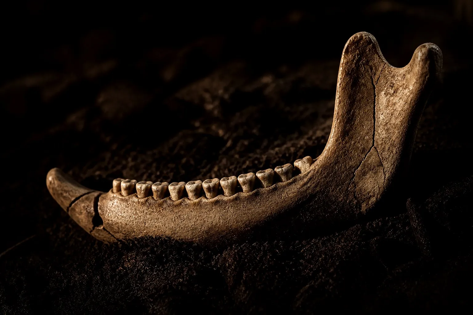 Editorial illustration: A cracked Neolithic jawbone with perfectly spaced teeth, half-buried in dark soil under a single