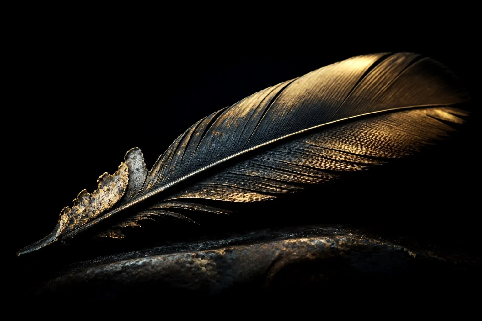 Editorial illustration: single feather macro dark background