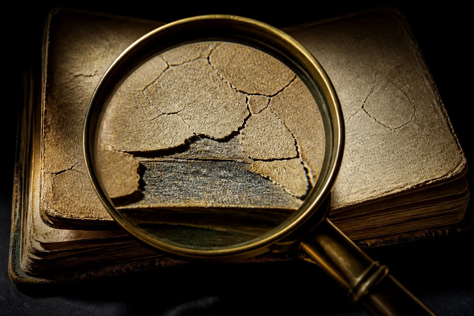 Editorial illustration: A cracked 1970s insurance booklet under a magnifying glass, its faded “$1,000 annual maximum” te