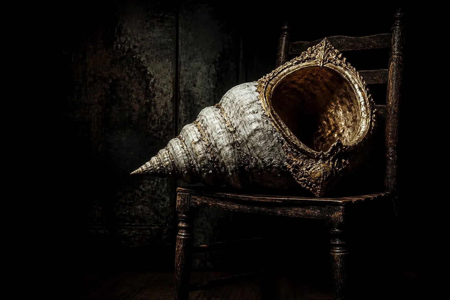 Editorial illustration: old wooden chair empty dark room