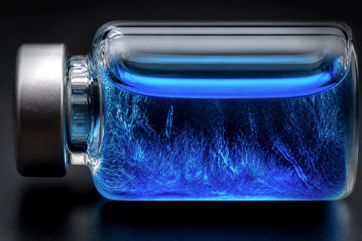 Editorial illustration: blue liquid in glass bottle macro