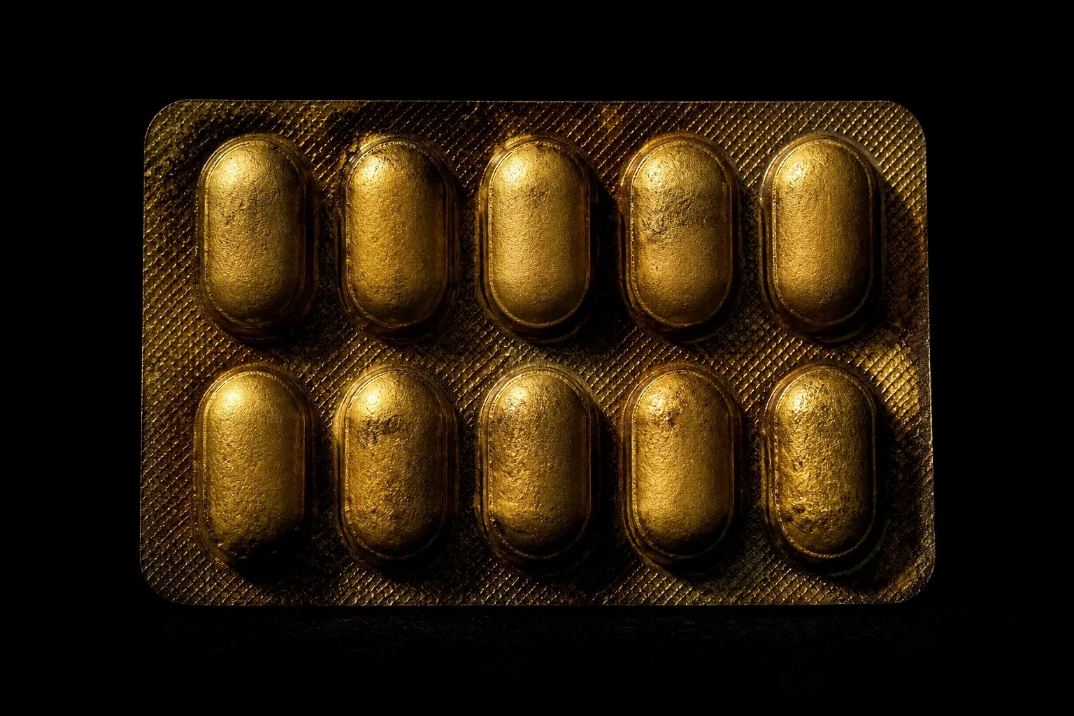 Editorial illustration: pill blister pack macro dark background