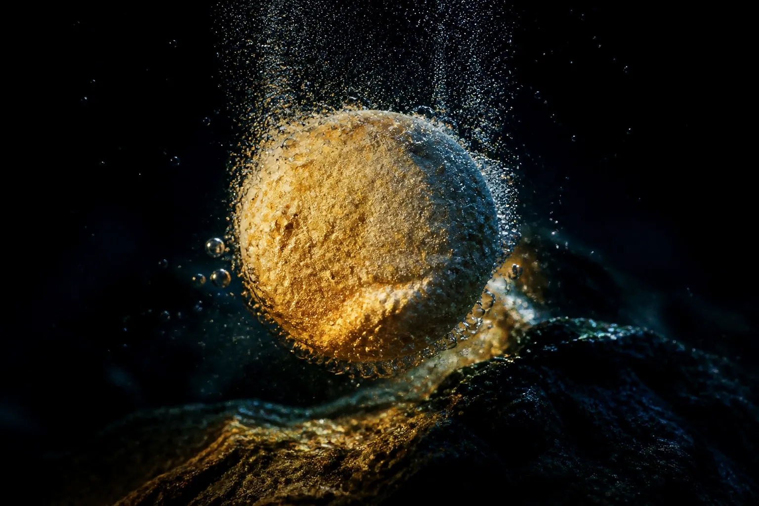 Editorial illustration: effervescent tablet dissolving in water macro