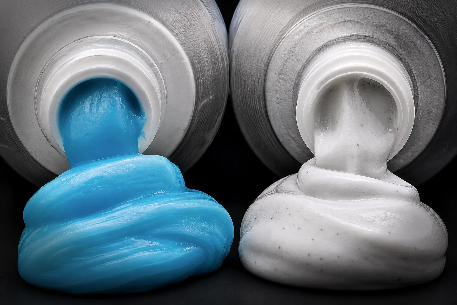 Editorial illustration: two toothpaste tubes side by side macro