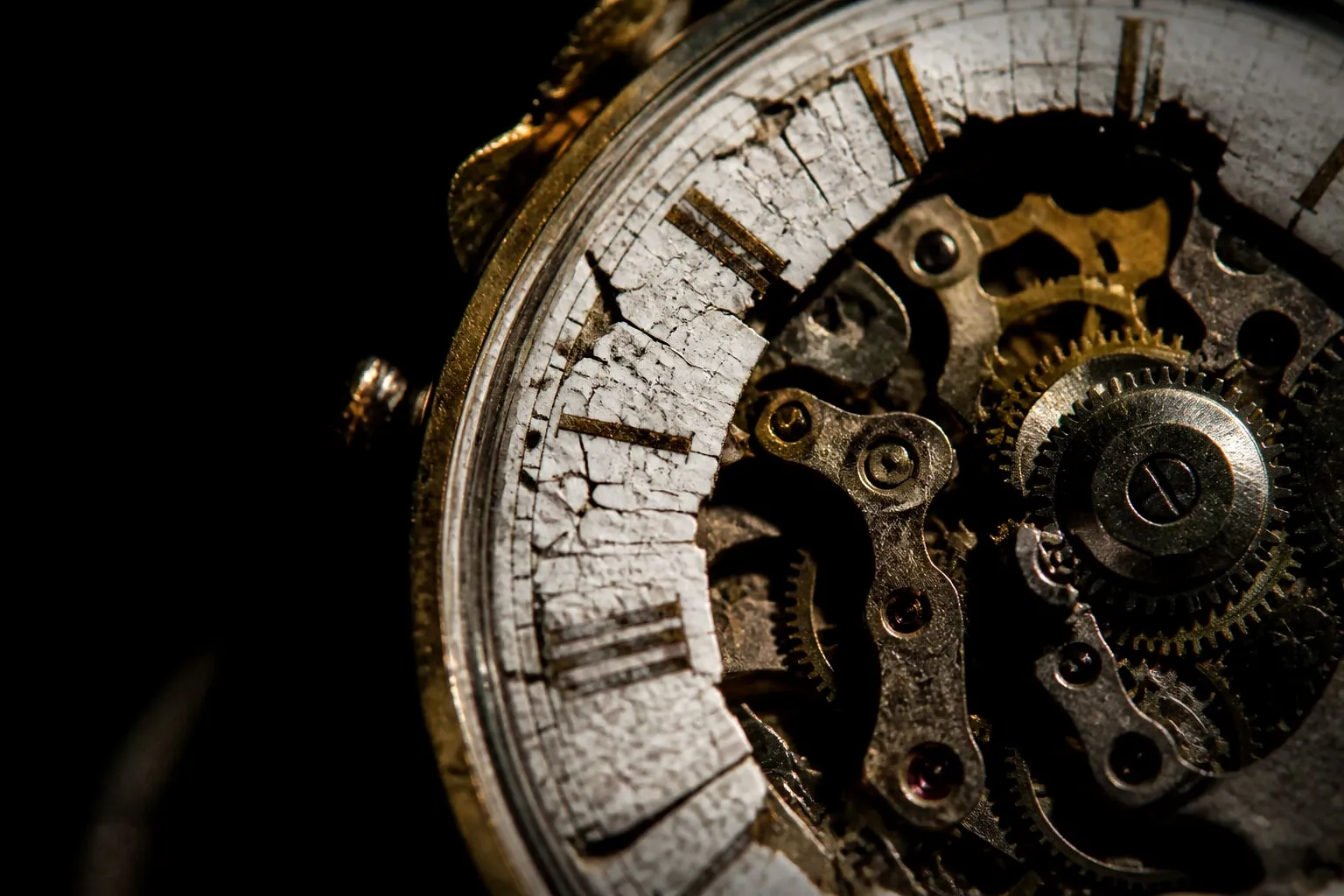 Editorial illustration: A cracked antique gold pocket watch face, its delicate gears exposed like hidden mouth bacteria 