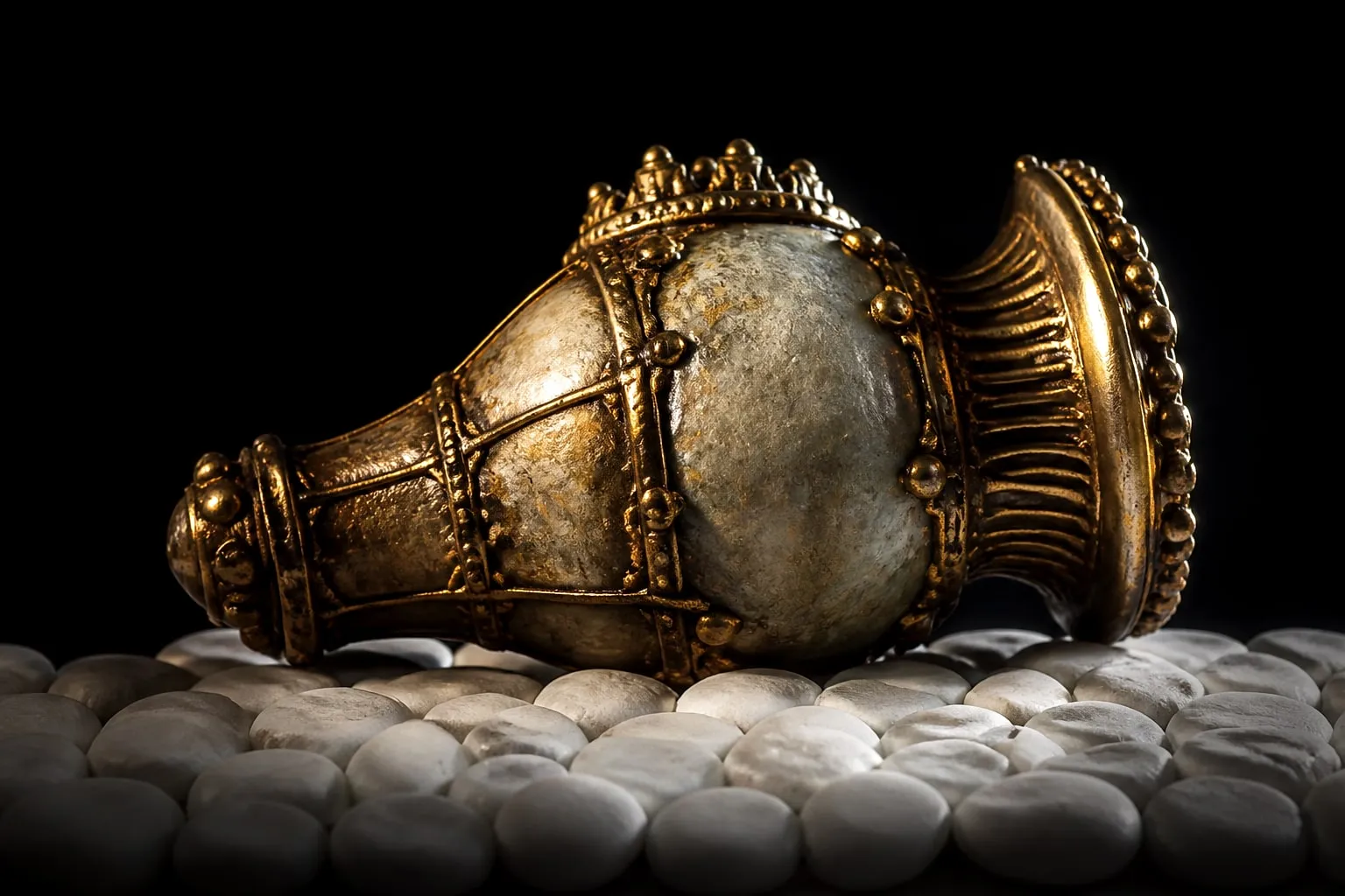 Editorial illustration: two rows of white pebbles close up
