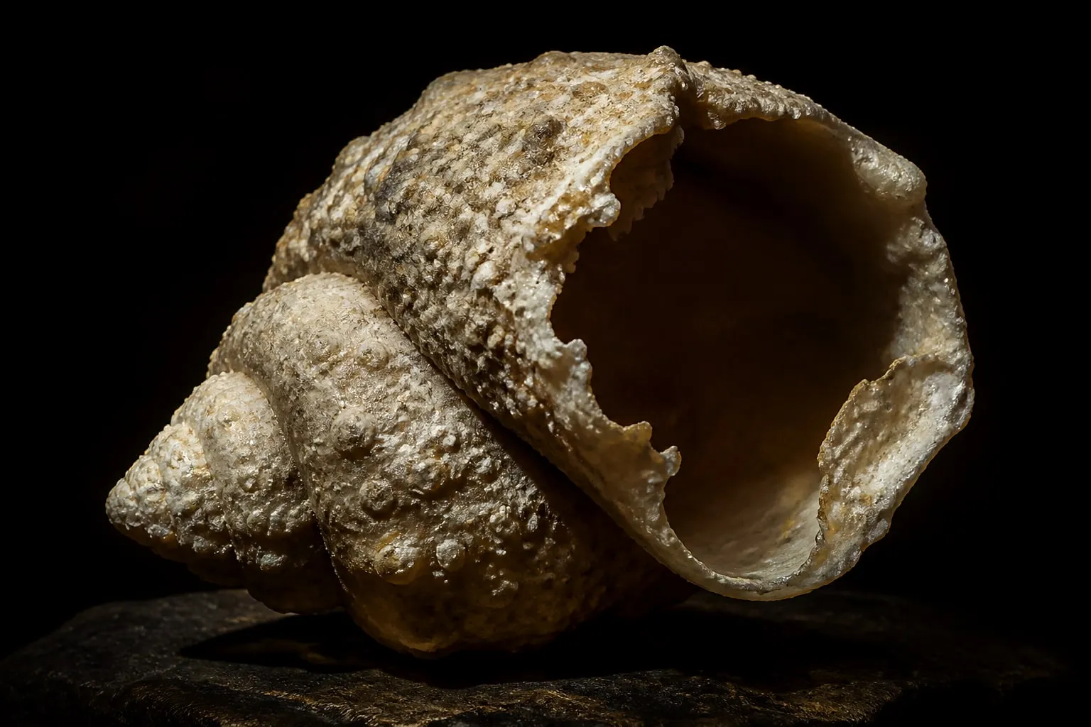Editorial illustration: Salt-crusted, hollowed seashell under raking light, its pitted enamel echoing pregnancy’s hidden