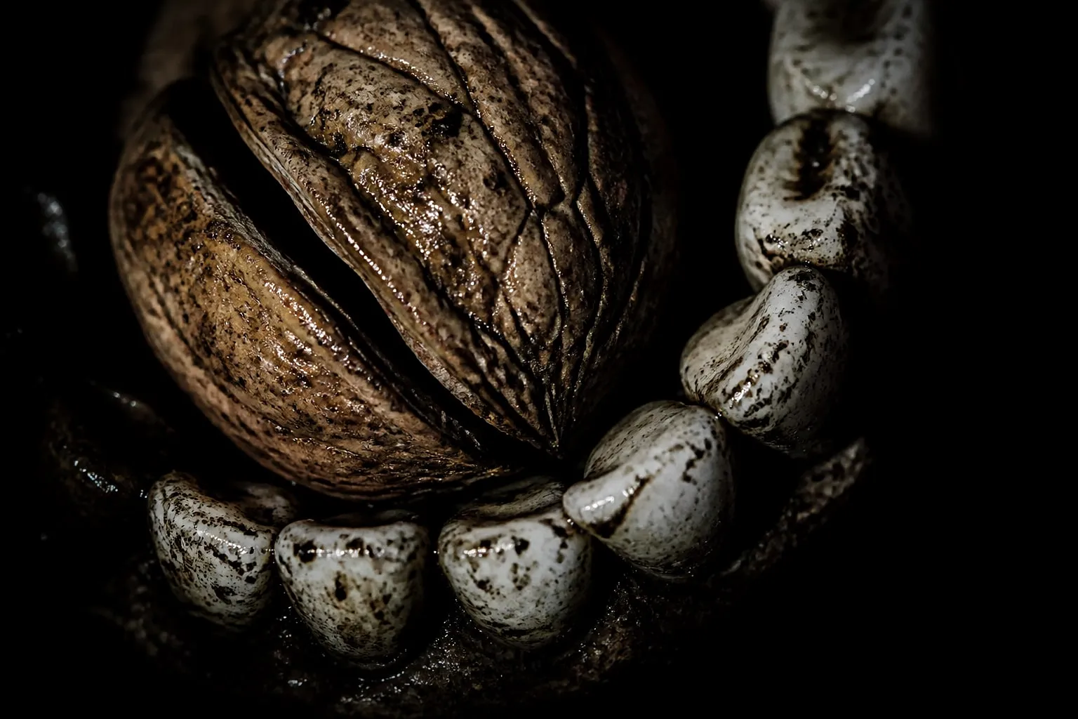 Editorial illustration: Cracked walnut shell pressed against a crescent of worn porcelain teeth, lit like a forensic art