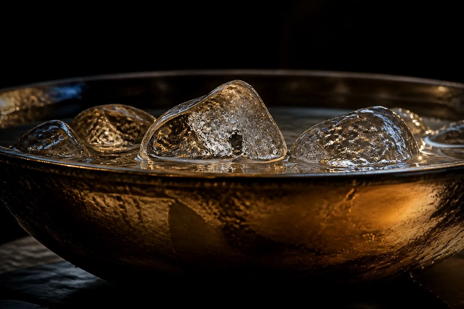 Editorial illustration: ice cubes in water bowl macro