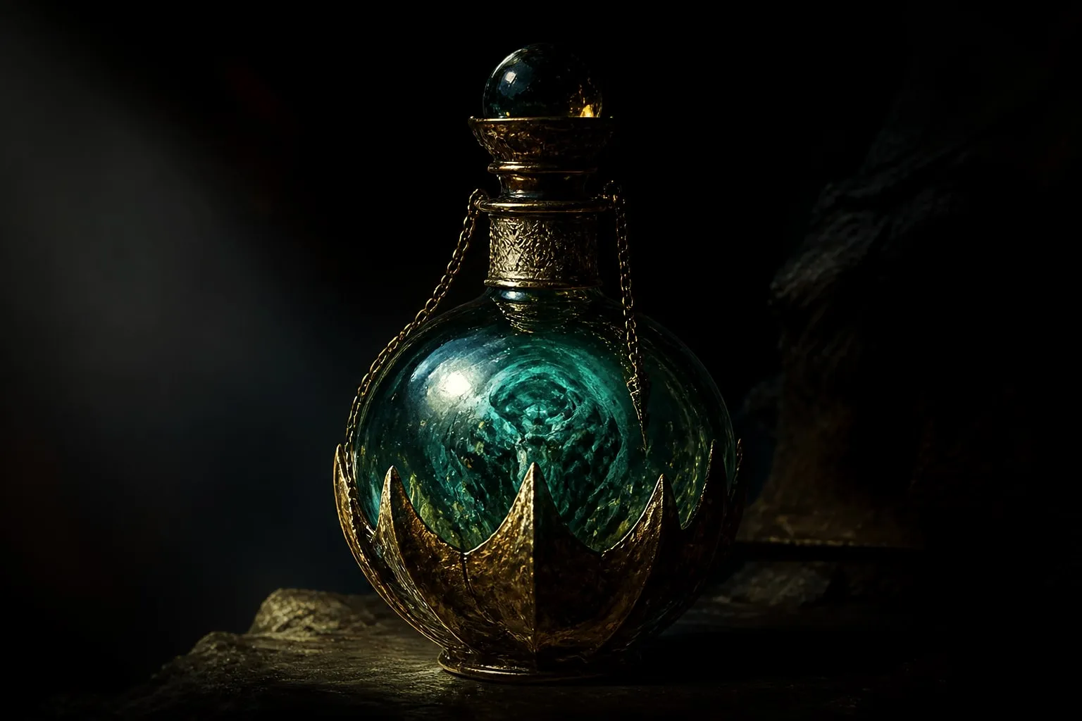 Editorial illustration: antique glass bottle apothecary dark