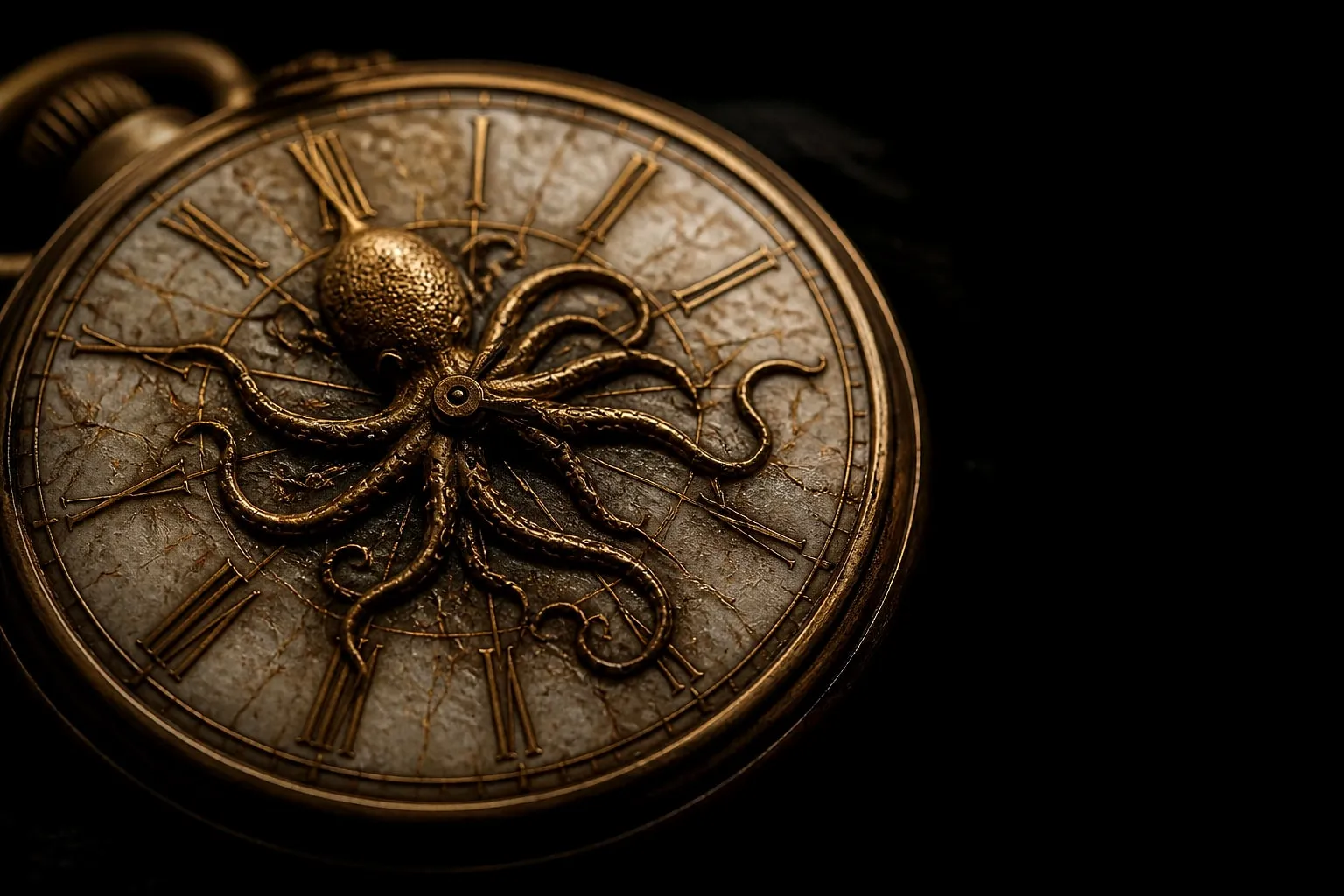 Editorial illustration: antique pocket watch face macro dark
