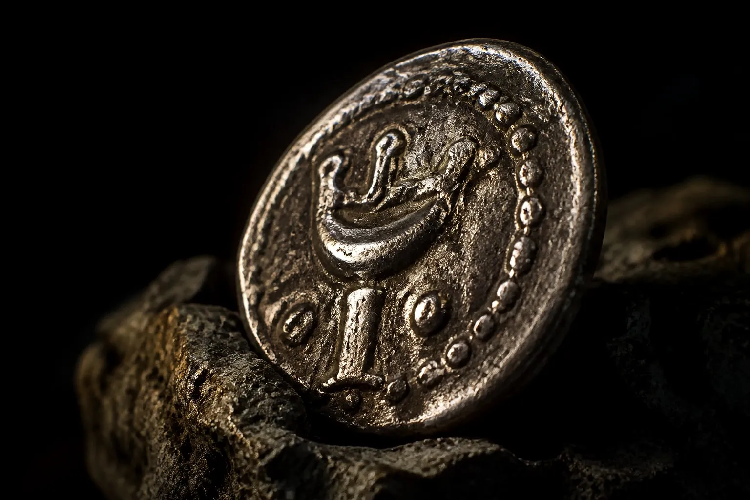 Editorial illustration: old silver coin macro close up dark
