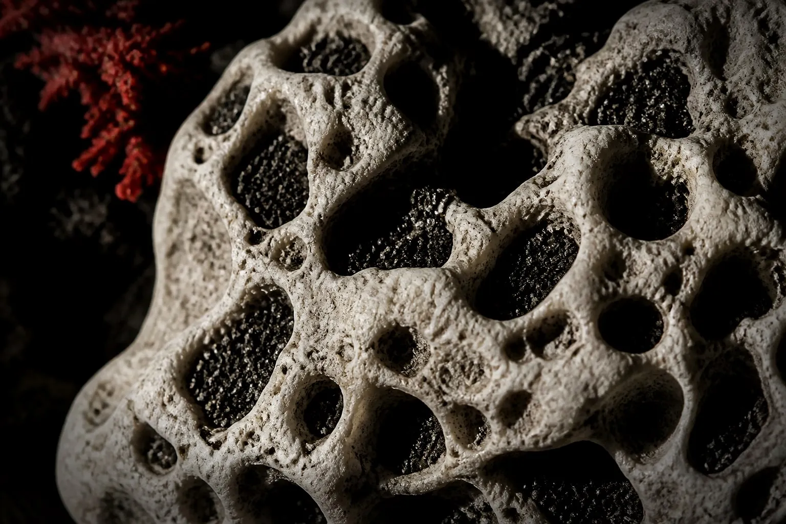 Editorial illustration: Macro of a pitted limestone sponge, its cavities packed with dark mineral grit, lit like an anat