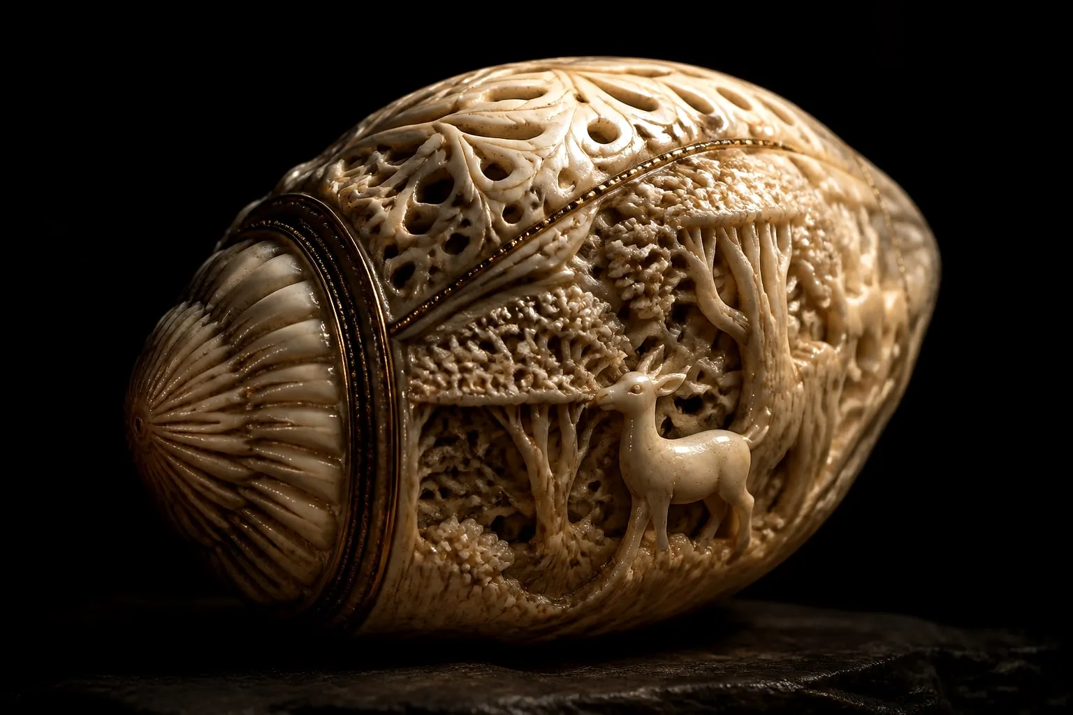 Editorial illustration: antique ivory carving close up dark