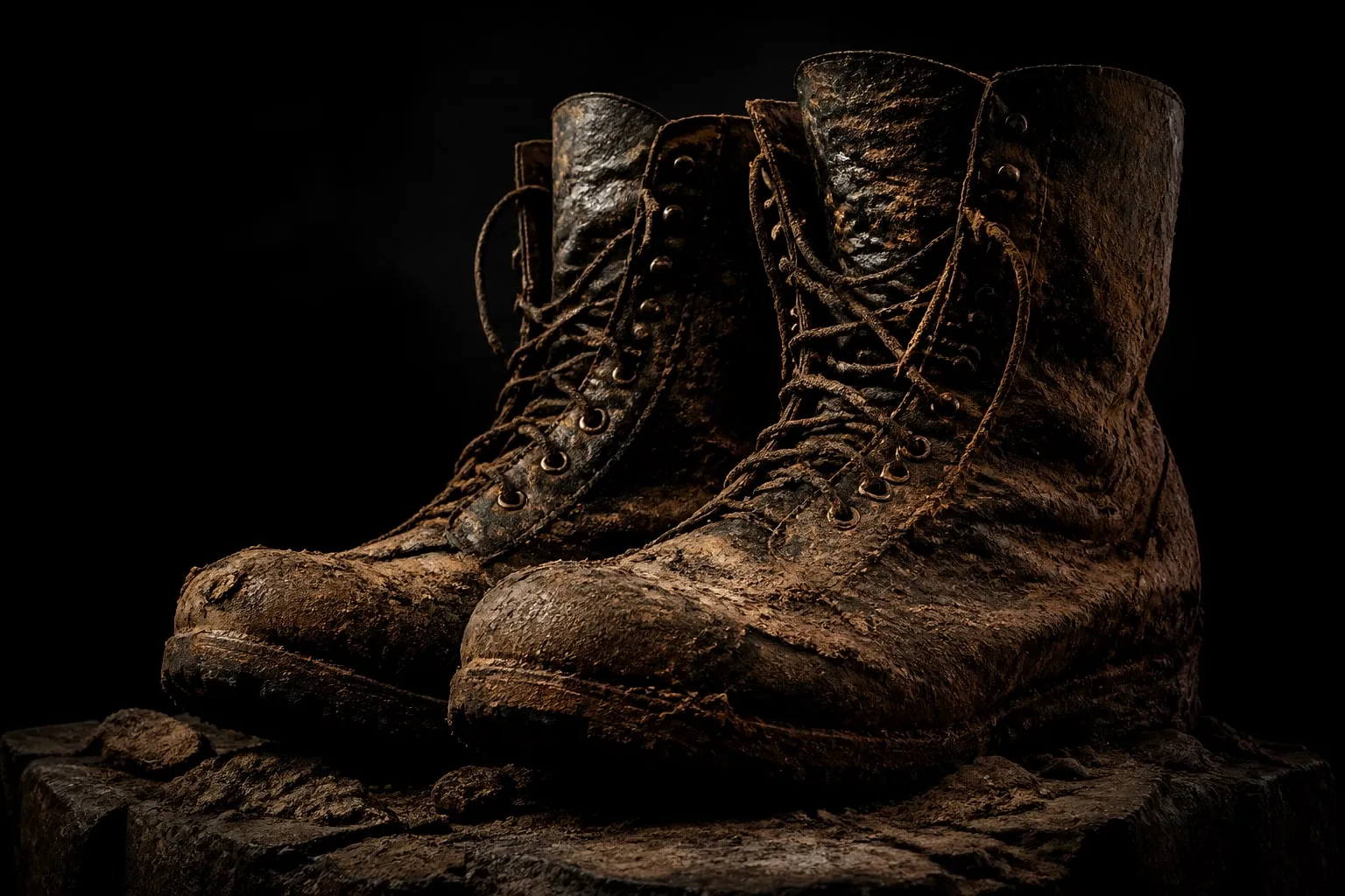 Editorial illustration: old muddy boots wartime close up