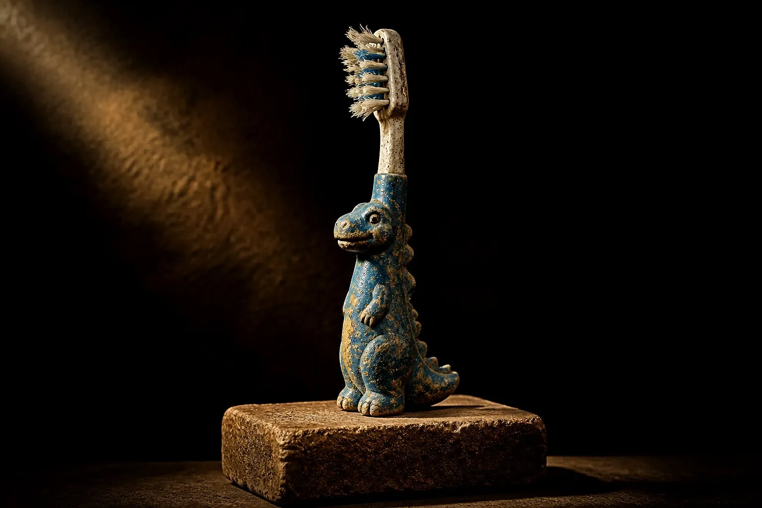 Editorial illustration: A worn child’s toothbrush with a frayed blue dinosaur handle, embedded in dried toothpaste and e