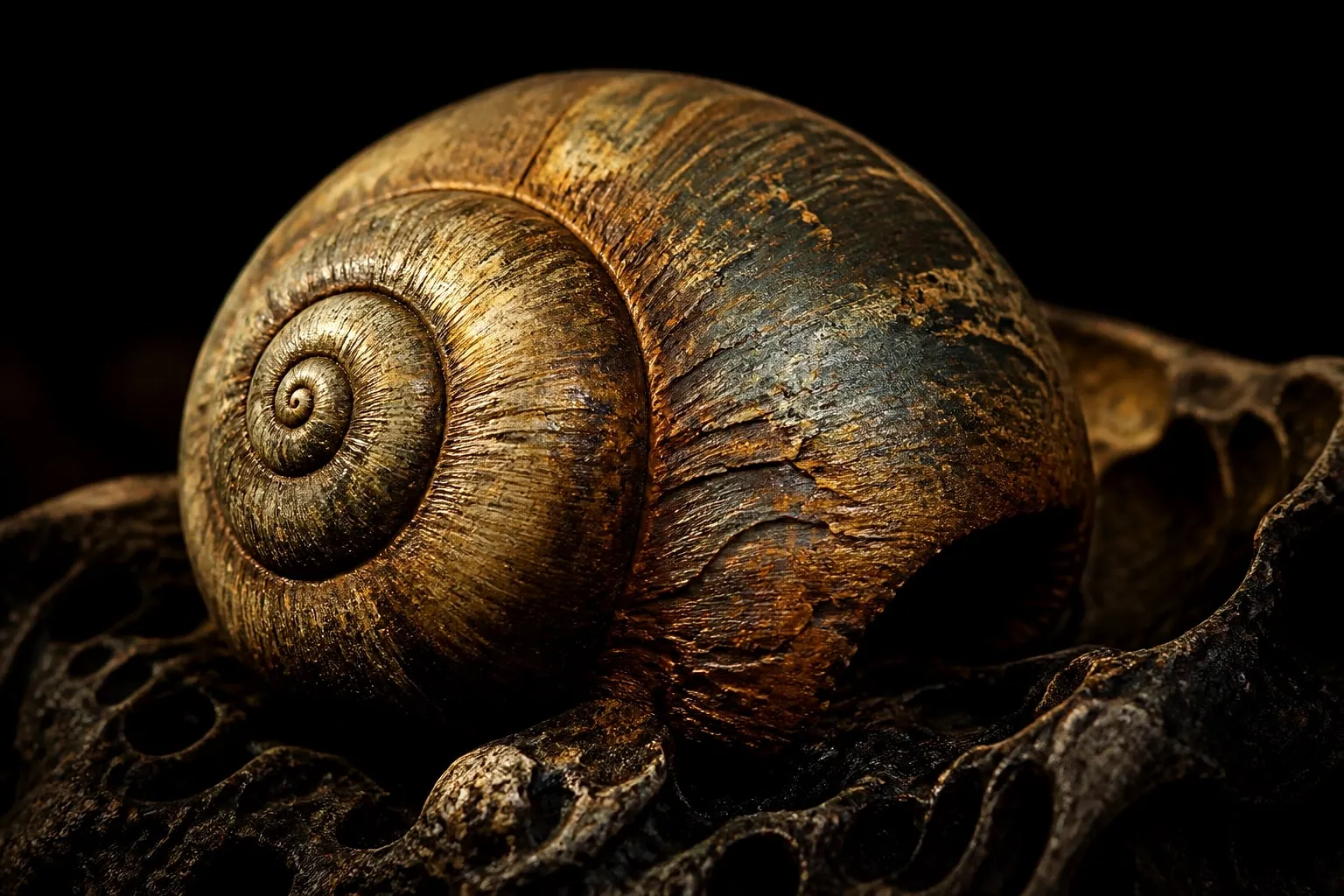 Editorial illustration: garden snail shell macro close up