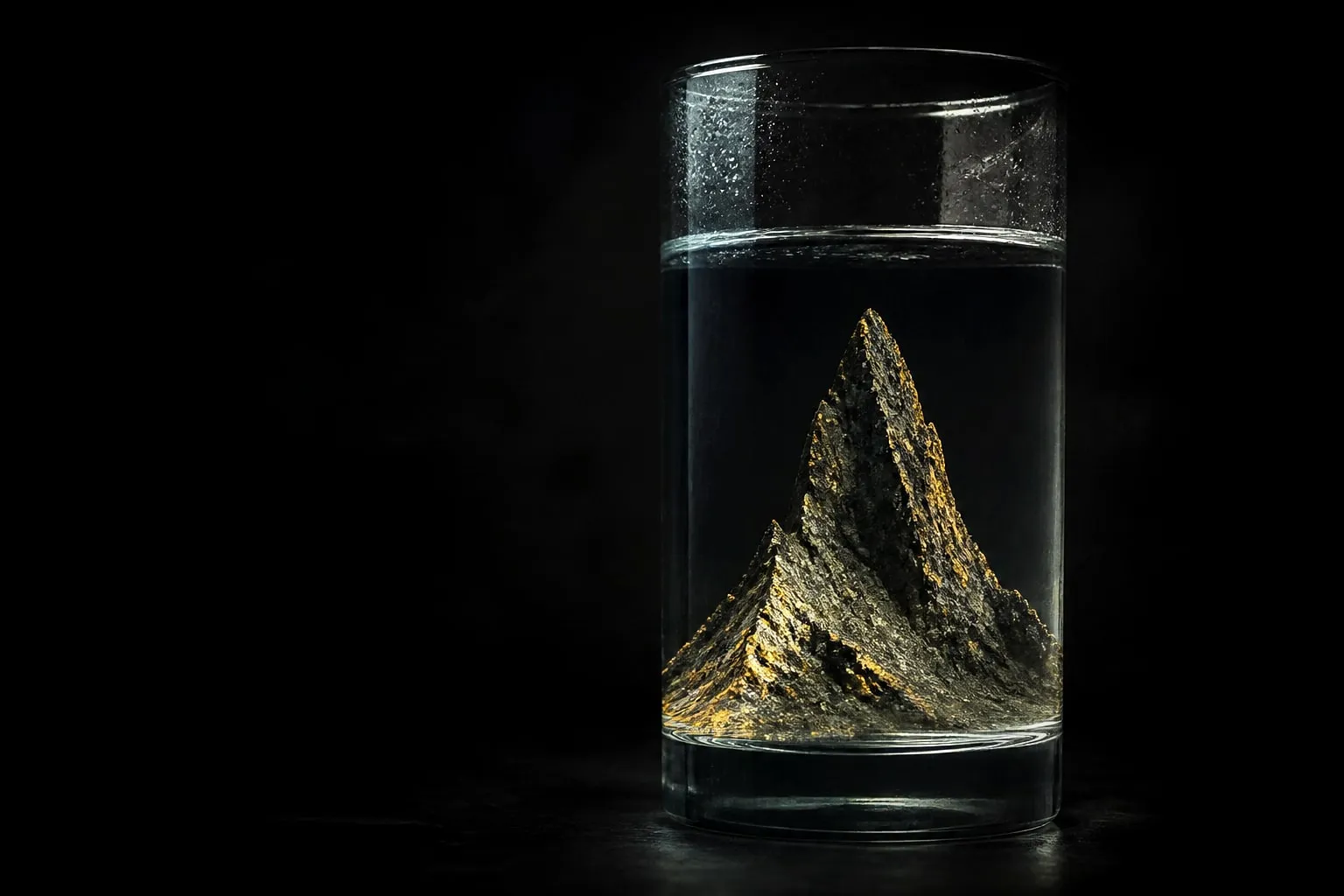 Editorial illustration: glass of water close up minimal dark