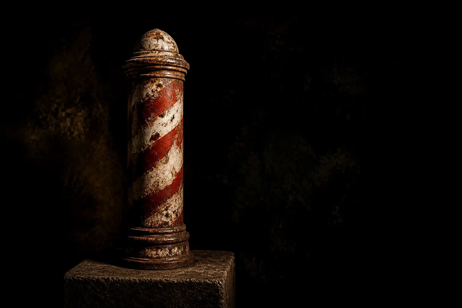 Editorial illustration: A weathered red-and-white barber pole, paint peeling to reveal rusted metal, photographed in sta