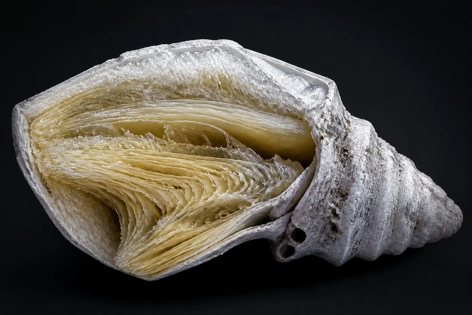 Editorial illustration: A translucent seashell split open, revealing yellowed inner layers under a hard white crust