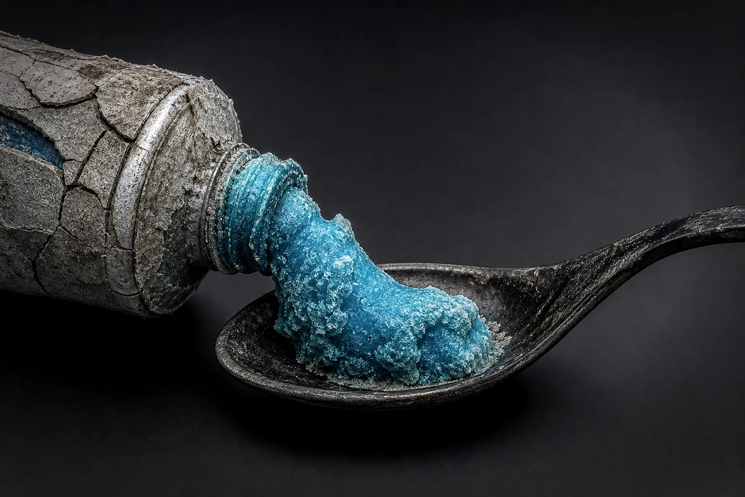 Editorial illustration: Cracked vintage toothpaste tube with crusted blue paste oozing onto a blackened spoon, lit like 