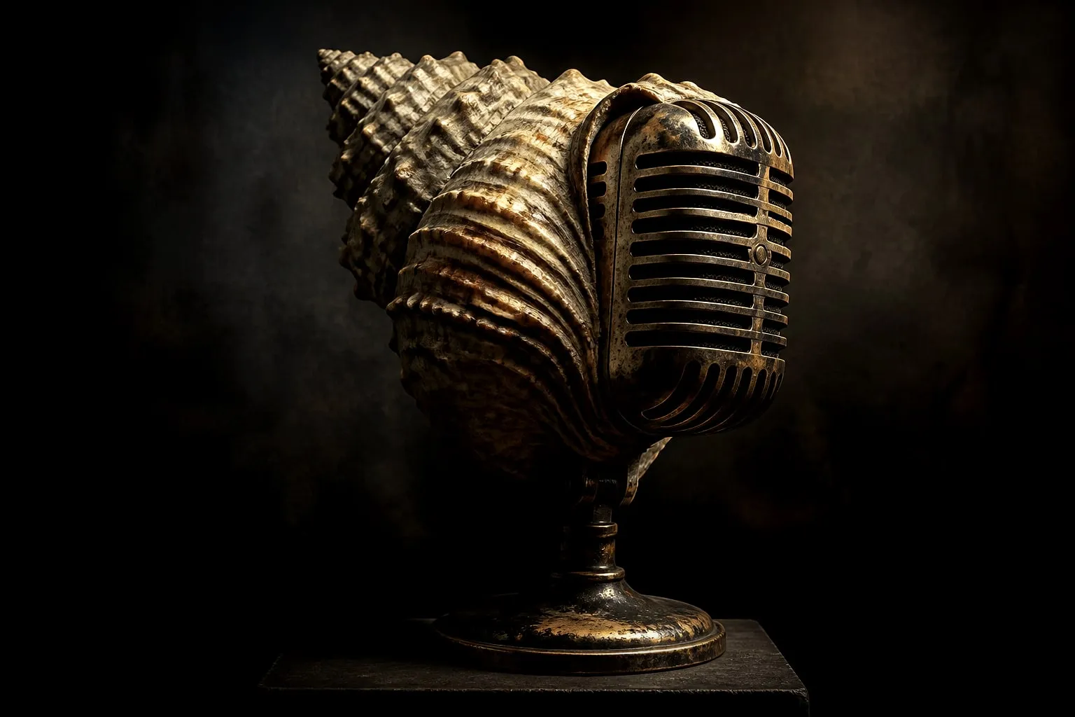 Editorial illustration: vintage microphone dark studio
